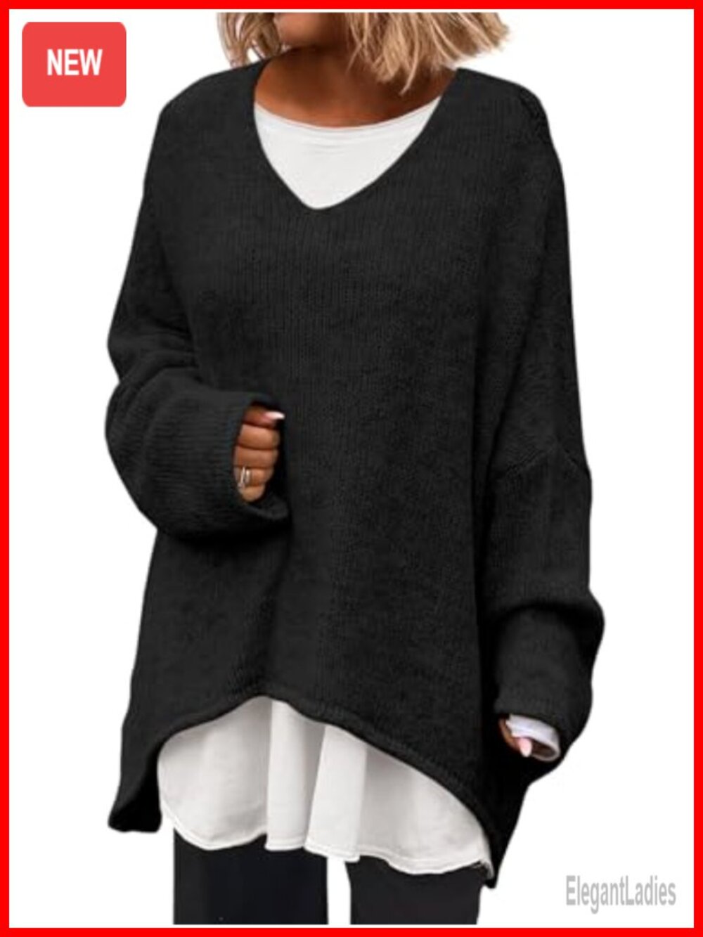 Oversized V Neck Batwing Long Sleeve Knit Slouchy Pullover Sweater